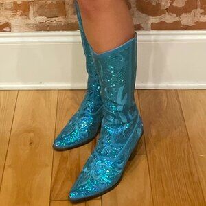 Helen's Hearts Turquoise Sequin Western Cowgirl Boots - Gently Used